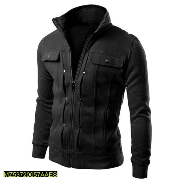 1 Pc Men's Fleece Plain Jacket- Mexican Style- Black - Image 3